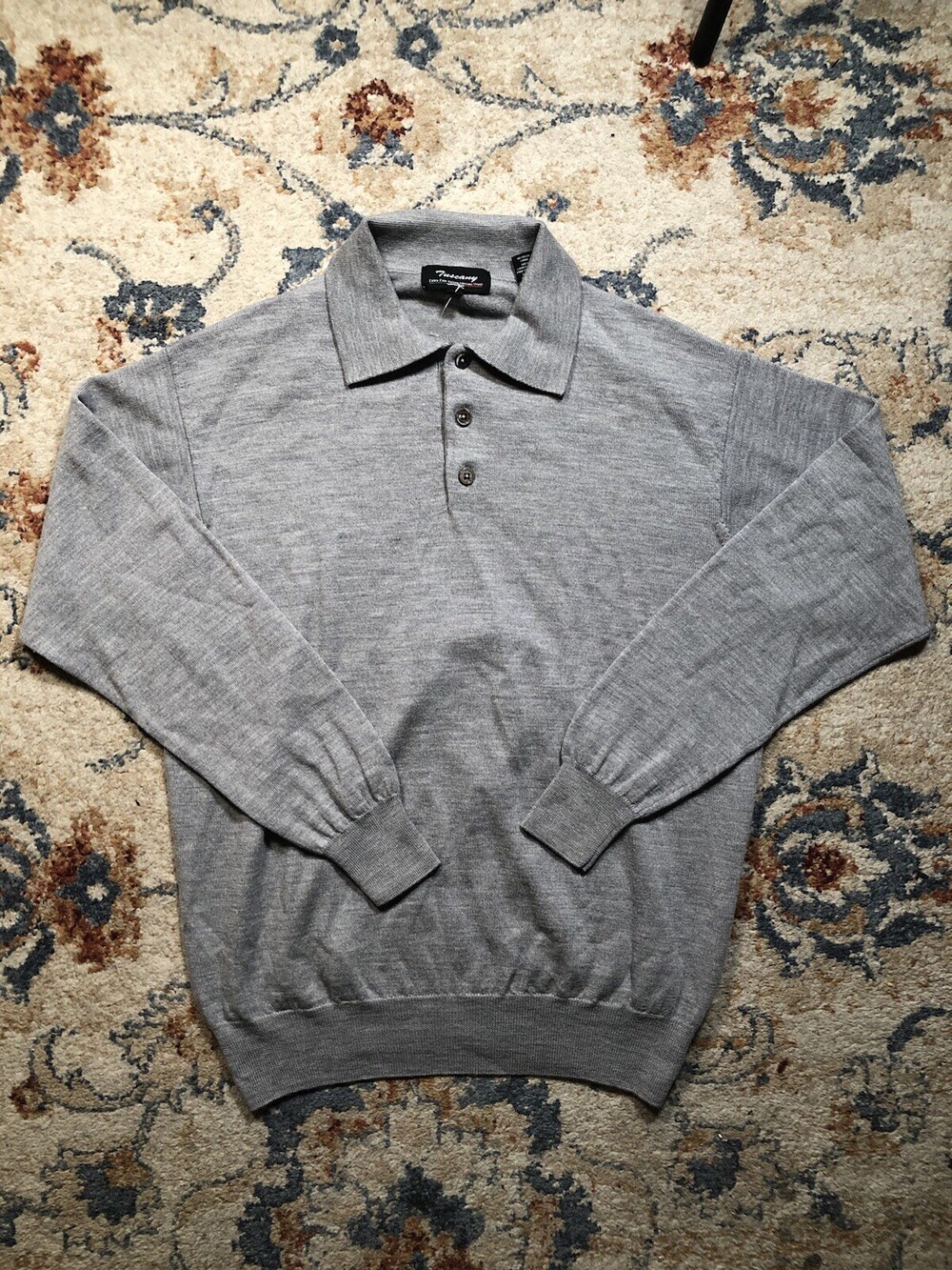 Tuscany Sweater Men's L Gray 100% Merino Wool Collared Long Sleeve Pullover